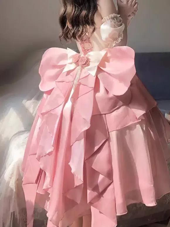 Robe Sweet Lolita JSK à fleurs et n艙uds col halter ourlet découpé sur le devant et traîne