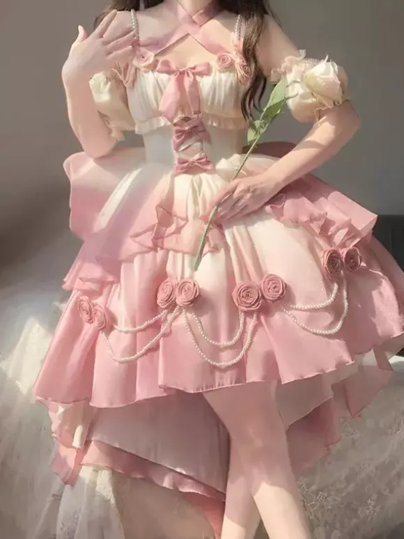 Robe Sweet Lolita JSK à fleurs et n艙uds col halter ourlet découpé sur le devant et traîne