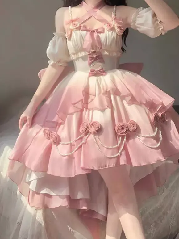 Robe Sweet Lolita JSK à fleurs et n艙uds col halter ourlet découpé sur le devant et traîne
