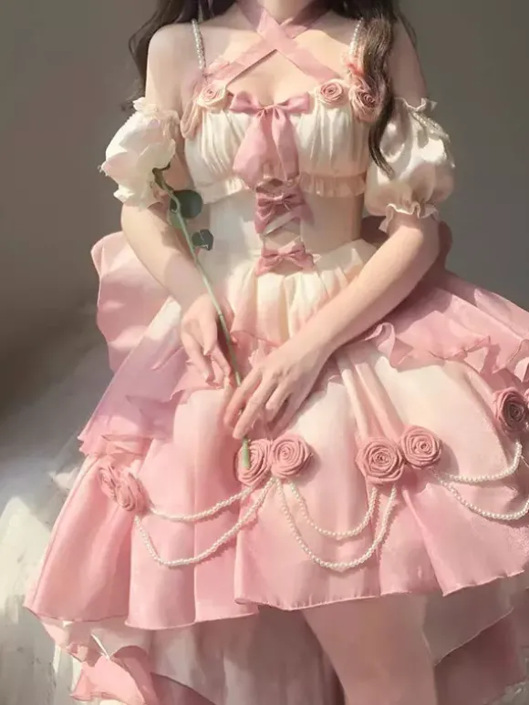 Robe Sweet Lolita JSK à fleurs et n艙uds col halter ourlet découpé sur le devant et traîne