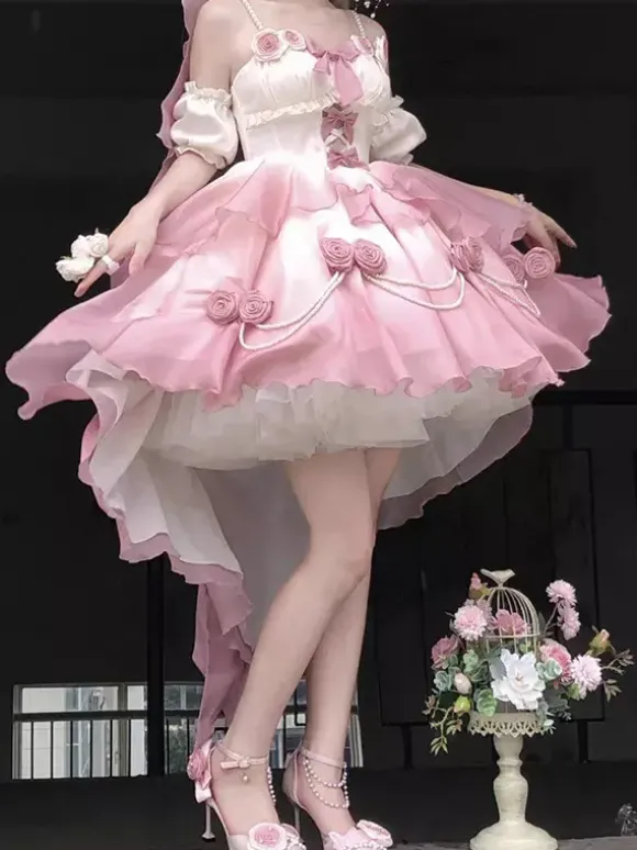 Robe Sweet Lolita JSK à fleurs et n艙uds col halter ourlet découpé sur le devant et traîne
