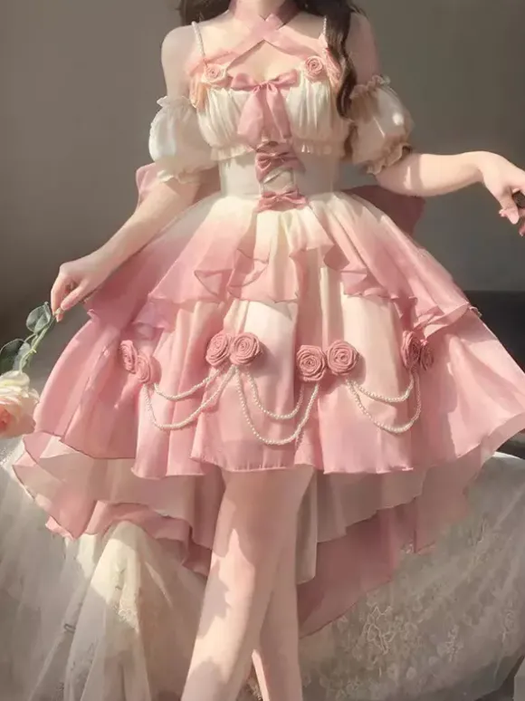 Robe Sweet Lolita JSK à fleurs et n艙uds col halter ourlet découpé sur le devant et traîne