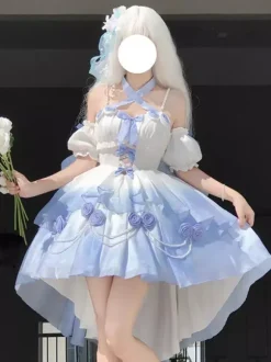 Robe Sweet Lolita JSK à fleurs et n艙uds col halter ourlet découpé sur le devant et traîne