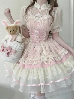 Robe Sweet Lolita OP plissée sans manches en polyester Robe Sweet Lolita Hime rose