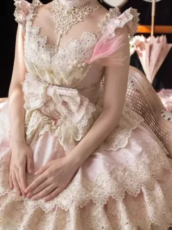 Robe Sweet Lolita sans manches à bordure en dentelle et jupe-salopette bouffante disponible en 3 couleurs