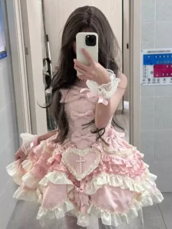 Robe Sweet Lolita sans manches à lacets et volants robe rose avec traîne