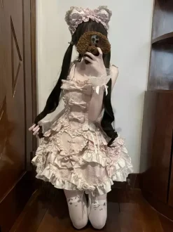 Robe Sweet Lolita sans manches à lacets et volants robe rose avec traîne