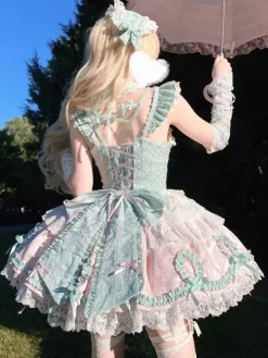 Robe Sweet Lolita vert clair sans manches pull à lacets polyester mode kawaii