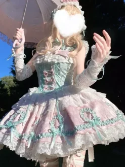 Robe Sweet Lolita vert clair sans manches pull à lacets polyester mode kawaii