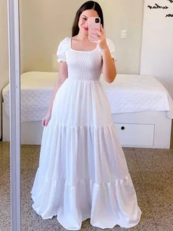 Robe trapèze smockée manches courtes volants à plusieurs niveaux robes longues d'été