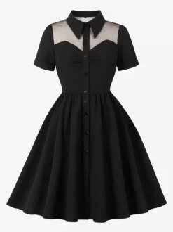 Robe trapèze vintage années 1950 pour femme col contrastant en résille fermeture boutonnée sur le devant