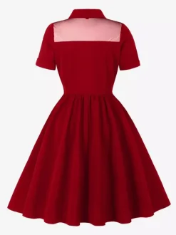 Robe trapèze vintage années 1950 pour femme col contrastant en résille fermeture boutonnée sur le devant
