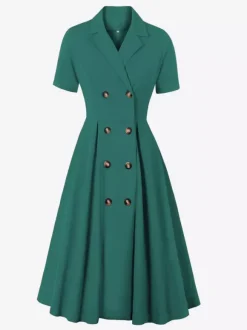 Robe trapèze vintage années 1950 pour femme - Robe midi rockabilly à double boutonnage et col à revers - Idéale pour un cocktail d'été 2026