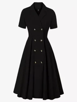 Robe trapèze vintage années 1950 pour femme - Robe midi rockabilly à double boutonnage et col à revers - Idéale pour un cocktail d'été 2026