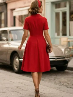 Robe trapèze vintage années 1950 pour femme - Robe midi rockabilly à double boutonnage et col à revers - Idéale pour un cocktail d'été 2026