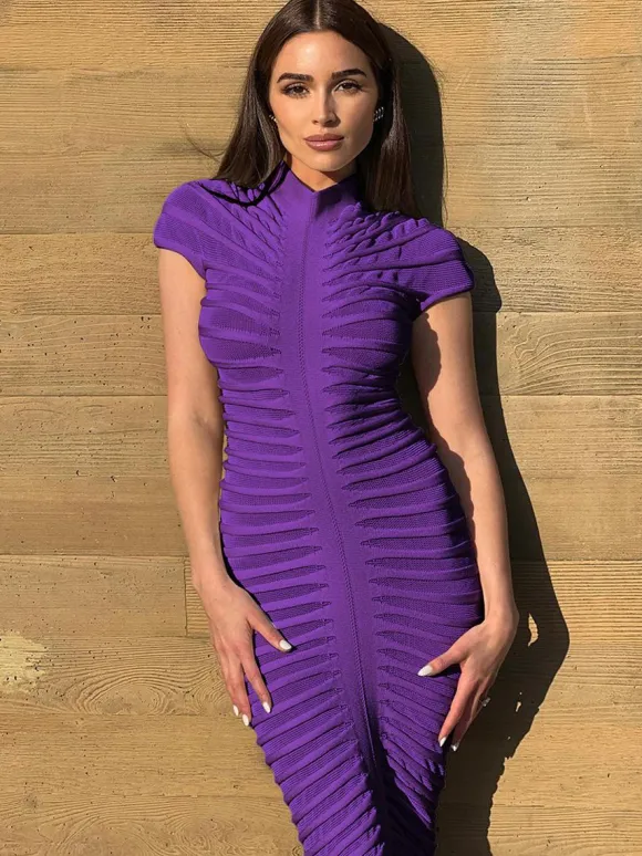 Robe Tricotée Femmes Plissée En Polyester Manches Courtes
