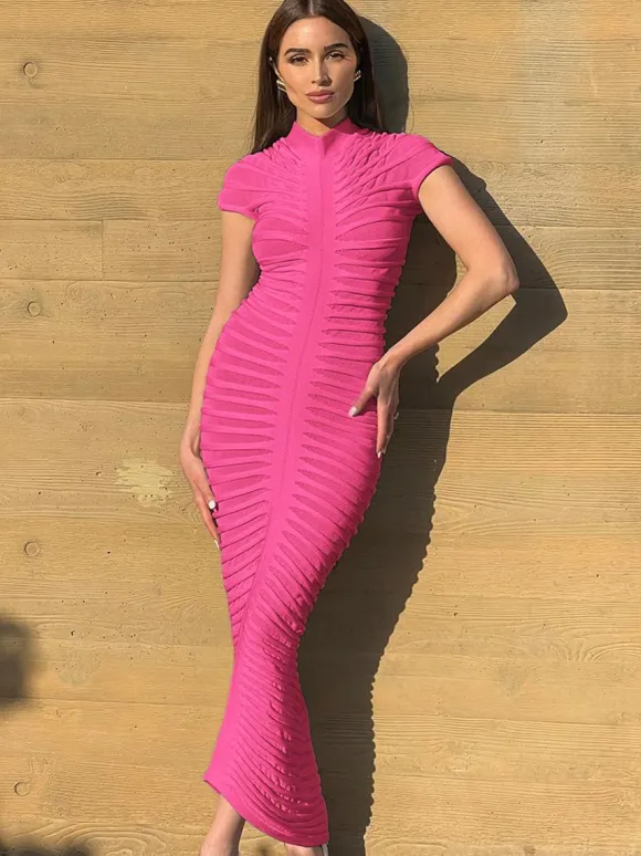 Robe Tricotée Femmes Plissée En Polyester Manches Courtes