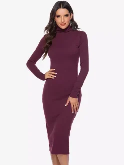 Robe tricotée pour femme en polyester confortable à manches longues et col haut