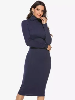 Robe tricotée pour femme en polyester confortable à manches longues et col haut