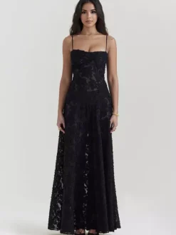Robe trompette à bretelles spaghetti à lacets et broderie florale Robe de bal longue