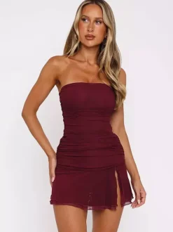 Robe tube mini pour femme - Robe moulante fendue à ourlet en résille froncée - Tenue de soirée estivale 2026