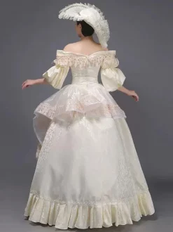 Robe Tudor rétro champagne à volants style Marie-Antoinette en polyester style tunique vintage pour femme.