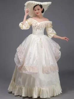 Robe Tudor rétro champagne à volants style Marie-Antoinette en polyester style tunique vintage pour femme.
