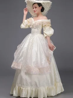 Robe Tudor rétro champagne à volants style Marie-Antoinette en polyester style tunique vintage pour femme.