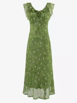 Robe verte sans manches à col en V et taille haute pour femme ornée de fleurs douces.