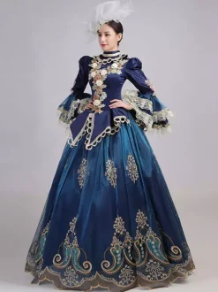 Robe Victorienne Bleu Rétro  Robe Victorienne Femmes Dentelle Volants Tunique Couvre-Chef Robe Robe Marie Antoinette Royal Fête Robe De Bal Déguisement Médiéval