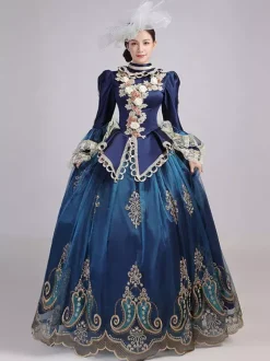 Robe Victorienne Bleu Rétro  Robe Victorienne Femmes Dentelle Volants Tunique Couvre-Chef Robe Robe Marie Antoinette Royal Fête Robe De Bal Déguisement Médiéval