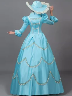 Robe victorienne bleu ciel clair en dentelle à volants et fleurs ensemble de costumes vintage