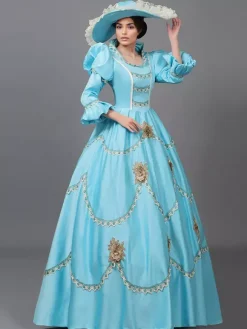 Robe victorienne bleu ciel clair en dentelle à volants et fleurs ensemble de costumes vintage
