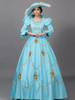 Robe victorienne bleu ciel clair en dentelle à volants et fleurs ensemble de costumes vintage