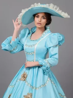 Robe victorienne bleu ciel clair en dentelle à volants et fleurs ensemble de costumes vintage