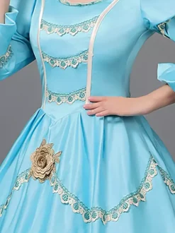 Robe victorienne bleu ciel clair en dentelle à volants et fleurs ensemble de costumes vintage