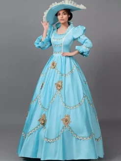 Robe victorienne bleu ciel clair en dentelle à volants et fleurs ensemble de costumes vintage