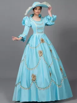 Robe victorienne bleu ciel clair en dentelle à volants et fleurs ensemble de costumes vintage