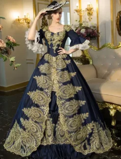 Robe Victorienne Bleue à Manches Évasées Style Marie-Antoinette Robe Longue Rococo à Broderies Dorées