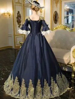 Robe Victorienne Bleue à Manches Évasées Style Marie-Antoinette Robe Longue Rococo à Broderies Dorées