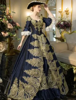 Robe Victorienne Bleue à Manches Évasées Style Marie-Antoinette Robe Longue Rococo à Broderies Dorées