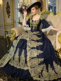 Robe Victorienne Bleue à Manches Évasées Style Marie-Antoinette Robe Longue Rococo à Broderies Dorées