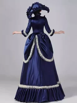 Robe victorienne bleue à tournure et manches évasées robe maxi rétro en polyester avec chapeau.