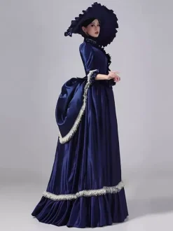 Robe victorienne bleue à tournure et manches évasées robe maxi rétro en polyester avec chapeau.