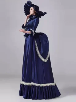 Robe victorienne bleue à tournure et manches évasées robe maxi rétro en polyester avec chapeau.
