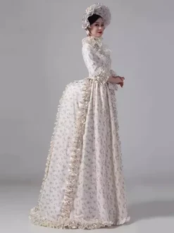 Robe victorienne champagne à volants manches longues fleuries style campagne en polyester maxi rétro avec chapeau.