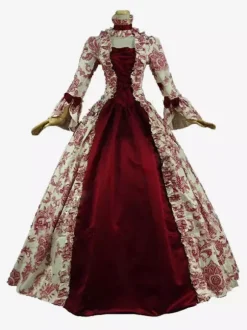 Robe Victorienne Costume Longues imprimés Opéra Col Montant Volant Manches Longues Dos à Lacets Evasée Halloween Bourgogne