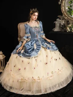 Robe Victorienne Femme Style Marie-Antoinette Champagne à Imprimé Fleuri Robe Rococo à Manches Courtes Évasées et Col Carré pour Bal Masqué