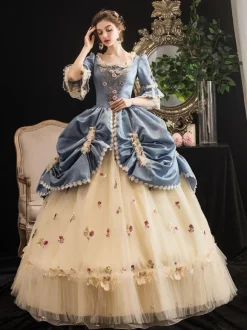 Robe Victorienne Femme Style Marie-Antoinette Champagne à Imprimé Fleuri Robe Rococo à Manches Courtes Évasées et Col Carré pour Bal Masqué