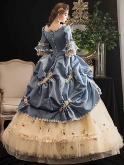 Robe Victorienne Femme Style Marie-Antoinette Champagne à Imprimé Fleuri Robe Rococo à Manches Courtes Évasées et Col Carré pour Bal Masqué